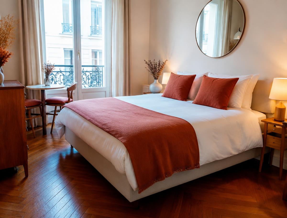 Chambre parisienne préparée avec du linge hôtelier pour des voyageurs